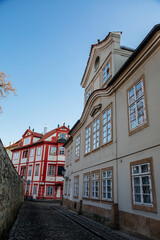 Fascinating narrow picturesque street with baroque and renaissance historical buildings in sunny day, Novy svet, New World in the vicinity of Hradcany, Prague, Czech Republic