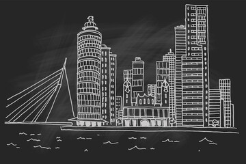 vector sketch of skyline of Rotterdam, Holland, Netherlands, Europe.