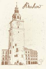 Obraz premium vector sketch of The Town Hall Tower in the Main Market Square in the Old Town district of Kraków. Poland.