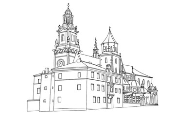 vector sketch of The Royal Archcathedral Basilica of Saints Stanislaus and Wenceslaus on the Wawel Hill. Krakow, Poland.