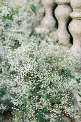 Gypsophila flowers adorn the stone staircase. Wedding decor in white.