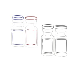 Glass containers with different lids for storing medicines, tablets and liquid injections. Digital illustration