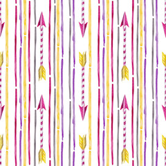 Seamless pattern of grey, pink, purple and yellow stripes with cupid arrow. Valentine's Day digital paper, wedding invitation, texture, textile. Watercolor isolated elements on white background.