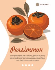 Persimmon and slice with leaves greeting card template.