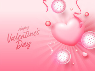 Glossy Pink Rays Background Decorated With Hearts, Ribbons And 3D Balls Or Sphere For Happy Valentine's Day.