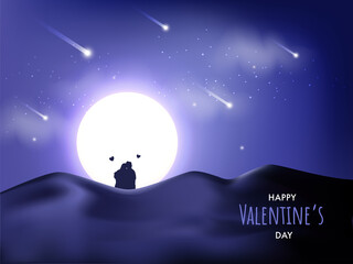 Beautiful Moonlight Desert Background With Silhouette Couple Sitting On The Occasion Of Valentine's Day.