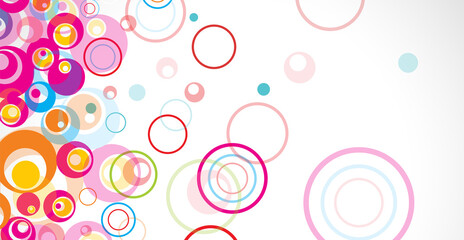 Multicolored circles on a white background. Festive background with colorful circles. Yellow, pink, blue circles, but on a white background. Flying confetti.