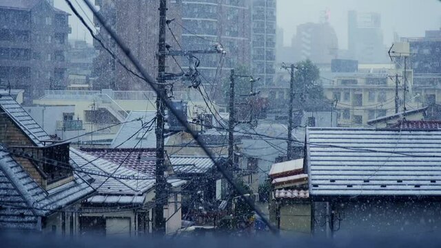 日本の住宅地に降る雪