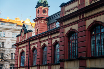 Neo-Renaissance red Pavilon, the historical market hall or trznice at the Vinohrady Quarte, exhibition gallery and shopping mall, Prague, Czech Republic