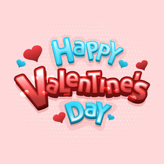 3D Happy Valentine's Day Text With Hearts In Blue And Red Color For Love Concept.