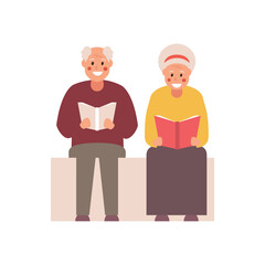 Grandfather and grandmother are sitting reading a book. Vector illustration