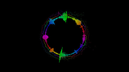Abstract circular spinning spectral wave design on black background vibrating spectrum wave form. Audio spectrum simulation for music futuristic animation