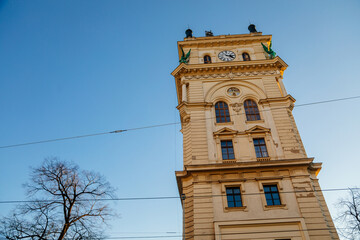 Fototapeta na wymiar Art Nouveau Renaissance Revival prism-shaped water tower in Vinohrady in sunny winter day, forty metres high cultural landmark, Prague, Czech Republic