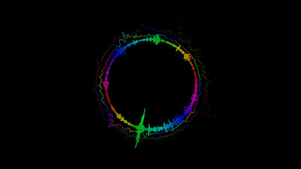 Abstract circular spinning spectral wave design on black background vibrating spectrum wave form. Audio spectrum simulation for music futuristic animation