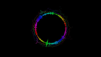 Abstract circular spinning spectral wave design on black background vibrating spectrum wave form. Audio spectrum simulation for music futuristic animation