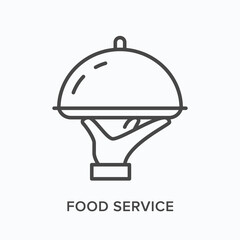 Fototapeta premium Food service flat line icon. Vector outline illustration of hand holding cloche. Black thin linear pictogram for restaurant catering