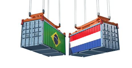 Freight containers with Brazil and Netherlands flag. 3D Rendering 