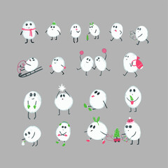 Vector illustration Christmas or New Year set of funny cartoon figures snowballs