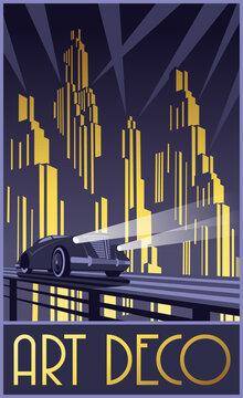 Art Deco Poster, Retro Future Cityscape, Retro Car