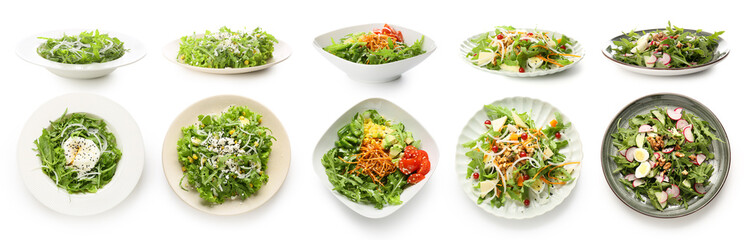 Collage of different arugula salads on plates against white background