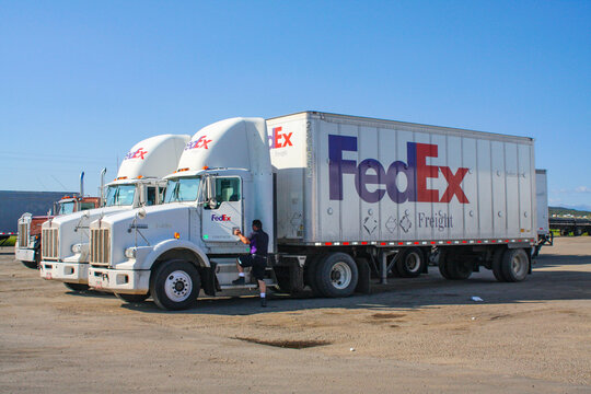 Fedex freight delivery truck with Fedex driver person climbing into cabin. Trucks lined up parked at rest stop in America with blue sky
