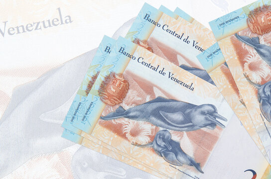2 Venezuelian bolivar bills lies in stack on background of big semi-transparent banknote. Abstract presentation of national currency