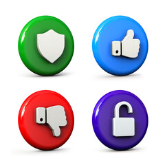 Collection of popular web and print 3d icons for design and banner. Shield, thumbs up, thumbs down and unlock. 3d illustration.