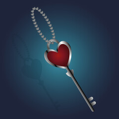 Heart shaped key. A device to open a love padlock. Keychain made of a metal chain consisting of hearts. Colored vector illustration. Isolated blue background. Valentines Day. Flat style. Shadow. Key.