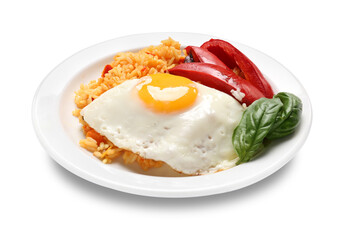 Plate with tasty egg, pepper and rice on white background