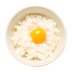 Bowl with tasty egg and rice on white background