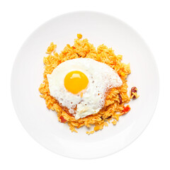 Plate with tasty egg and rice on white background