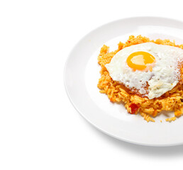 Plate with tasty egg and rice on white background