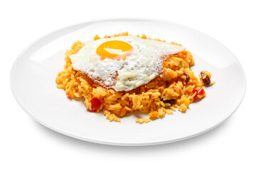 Plate with tasty egg and rice on white background