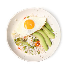 Plate with tasty egg, vegetables and rice on white background