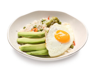 Plate with tasty egg, vegetables and rice on white background