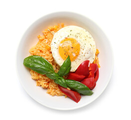 Plate with tasty egg, pepper and rice on white background