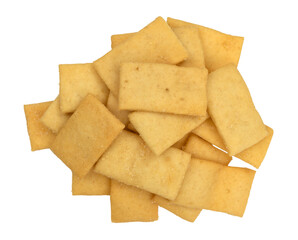 Serving of cheese and garlic snack crackers isolated on a white background top view.