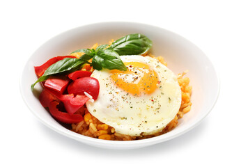 Plate with tasty egg, pepper and rice on white background