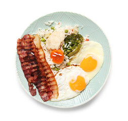 Plate with tasty eggs, bacon and rice on white background