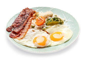 Plate with tasty eggs, bacon and rice on white background