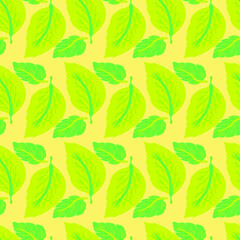 Fototapeta na wymiar green and yellow leaves with yellow background seamless repeat pattern