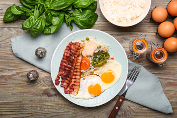 Plate with tasty eggs, bacon and rice on wooden background