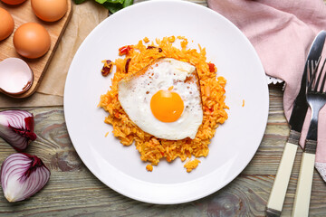 Plate with tasty egg and rice on wooden background