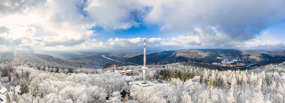 Aerial view of Heidelberg and K&ouml;nigstuhl mountain in winter, Forest of Odes, Baden-W&uuml;rttemberg, Germany