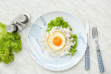 Plate with tasty egg and rice on light background