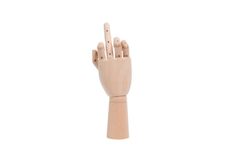 Wooden hand pointing up middle finger, concept of rude hand sign or hand gesture, studio isolated.