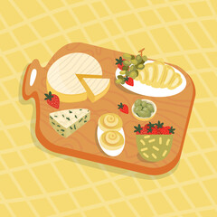 Wooden board with food at picnic. Cheese Brie, Dor Blue with Olives, Croissant for Breakfast. Strawberry, rolls with cinnamon in summer party.