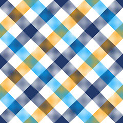 Blue, yellow, white gingham check pattern. Seamless diagonal colorful pixel plaid vichy graphic for dress, tablecloth, or other modern spring and summer fashion textile print.