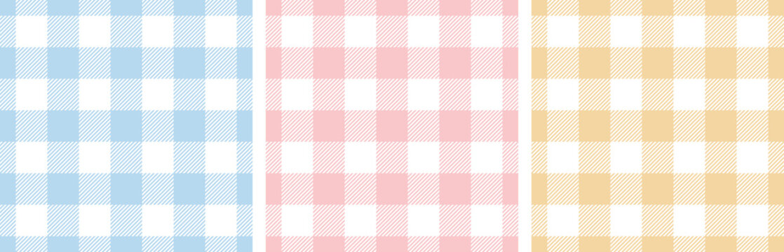 Gingham pattern set. Tartan checked plaids in blue, pink, yellow, white. Seamless pastel vichy backgrounds for tablecloth, dress, skirt, napkin, or other Easter holiday textile design.