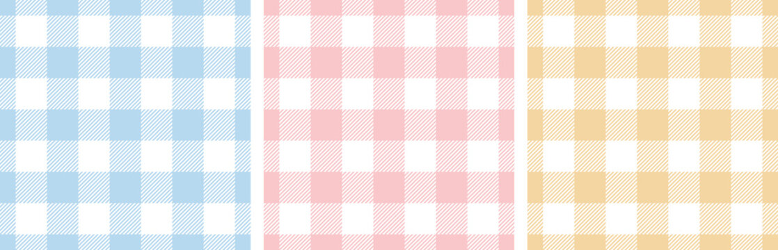 Gingham Pattern Set. Tartan Checked Plaids In Blue, Pink, Yellow, White. Seamless Pastel Vichy Backgrounds For Tablecloth, Dress, Skirt, Napkin, Or Other Easter Holiday Textile Design.